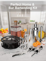 Load image into Gallery viewer, Buggybands Bartender Kit, 14 Piece Cocktail Shaker Set Stainless Steel Bar Tools with Rotating Stand, 25 oz Shaker Tins, Jigger, Spoon, Pourers, Muddler, Strainer, Tongs, Bottle Stoppers, Opener, Recipes

