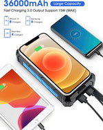 Load image into Gallery viewer, COOLWUFAN 36000mAh Solar Power Bank, Qi Wireless Solar Portable Charger with LED Flashlights, Dual Outputs &amp; Inputs Huge Capacity Battery Pack for Outdoor Activities Camera Cell Phones Consoles MP3 MP4
