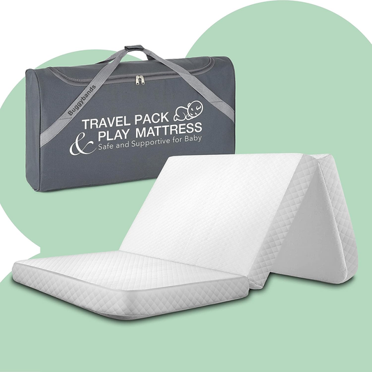 Buggybands Foldable Travel Pack n Play Mattress Pad with Bag, Waterproof Portable Mini Crib Mattresses, Baby Bed Playpen Memory Foam Topper, Playard Pen Accessories, Traveling Case Included