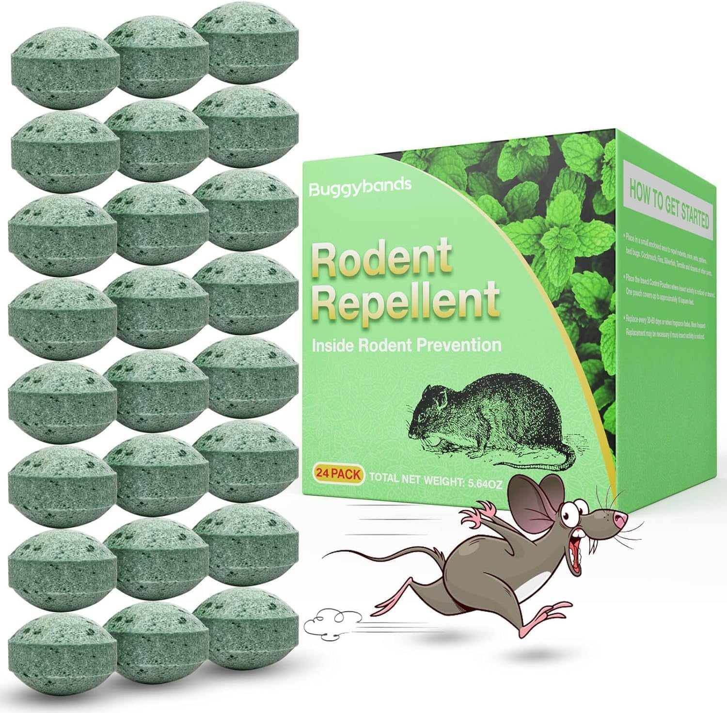 Buggyband Mouse Repellent,Mice Rodent Repellent, 24Pcs Peppermint Oil Moth Balls for Rats Mouse Deterrent, Safe for Humans & Pets, Pouches for Roaches, Pest Pouches for Roaches, Ant, Bugs, Spider