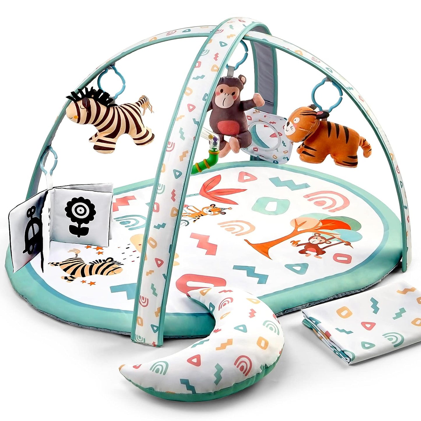 OTTOLIVES Baby Play Gym 7 in 1 Baby Activity Gym Mat 0-12 Months with 2 Washable Covers with 6 Toys Non-Slip Playmat Baby Tummy Time Mat for Early Sensory Exploration and Motor Skill Development (White)