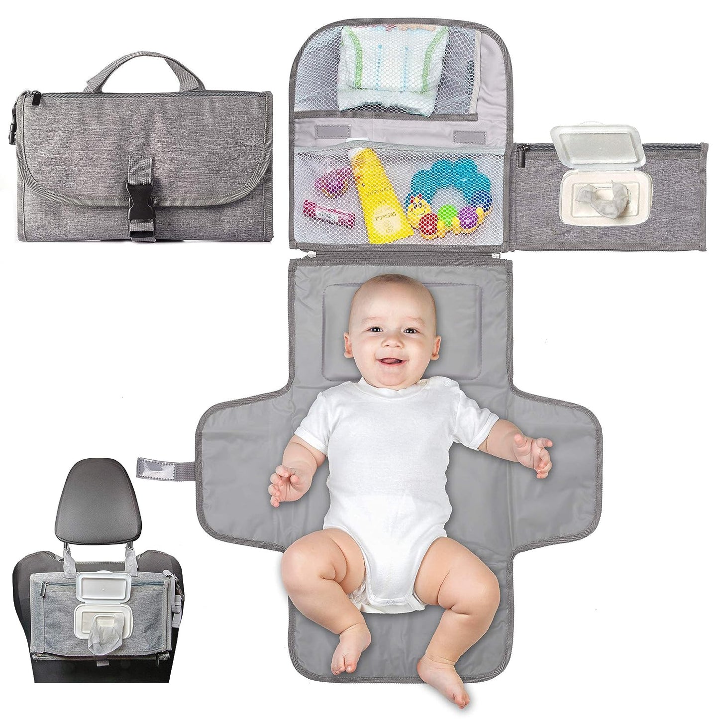 Buggybands Portable Diaper Changing Pad, Portable Changing pad for Newborn Girl & Boy - Baby Changing Pad with Smart Wipes Pocket – Waterproof Travel Changing Kit