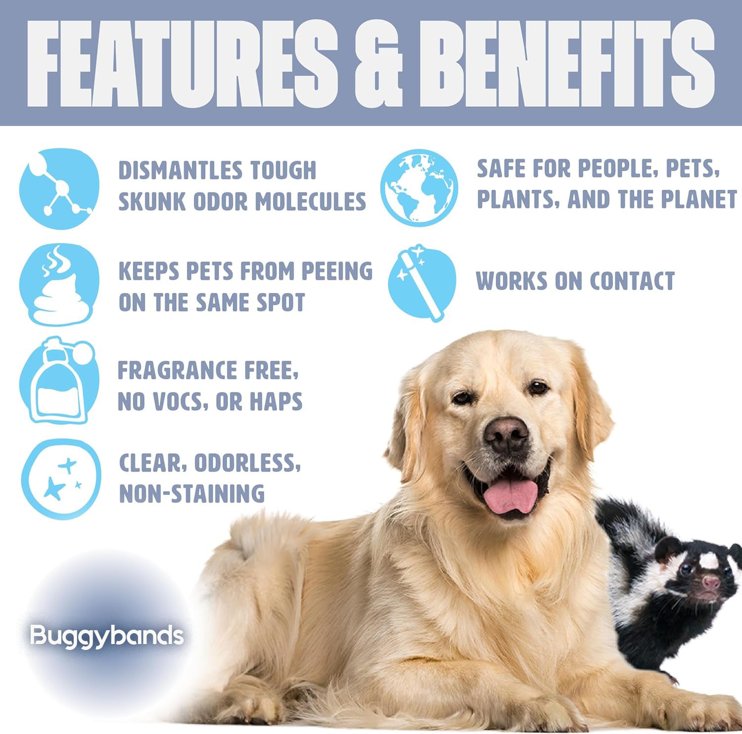 Buggybands Skunk Odor Eliminator, 32oz Spray - Dismantles Skunk Odors on a Molecular Basis from Pets & Anything Else, Proprietary Formula Breaks Down Skunk Oils, Eliminates Odor on Clothing & More