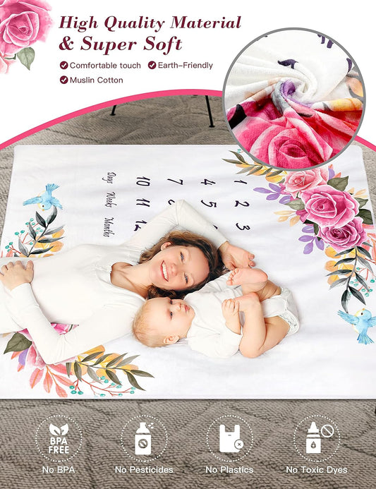 Baby Monthly Milestone Blanket for Girls and Boys, Buggybands Unisex Month Blanket for Newborn, Super Soft Premium Fleece, Girls Boys Cute Photo Background Milestone Blankets (Pink)