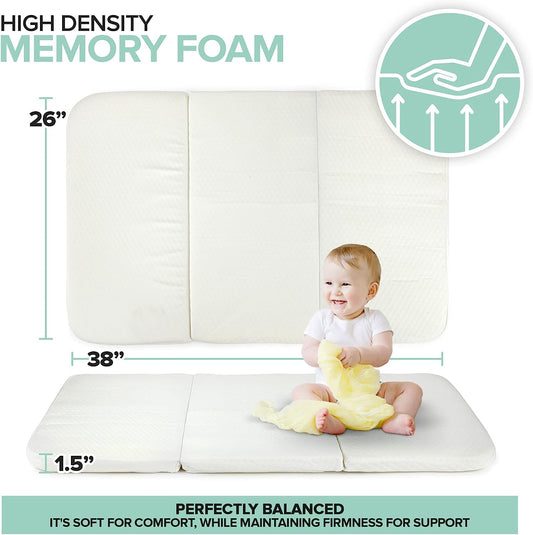 Buggybands Foldable Travel Pack n Play Mattress Pad with Bag, Waterproof Portable Mini Crib Mattresses, Baby Bed Playpen Memory Foam Topper, Playard Pen Accessories, Traveling Case Included
