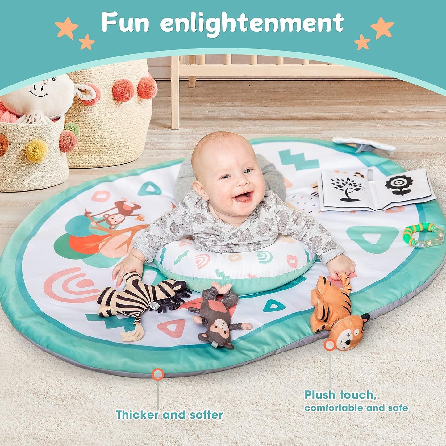 OTTOLIVES Baby Play Gym 7 in 1 Baby Activity Gym Mat 0-12 Months with 2 Washable Covers with 6 Toys Non-Slip Playmat Baby Tummy Time Mat for Early Sensory Exploration and Motor Skill Development (White)