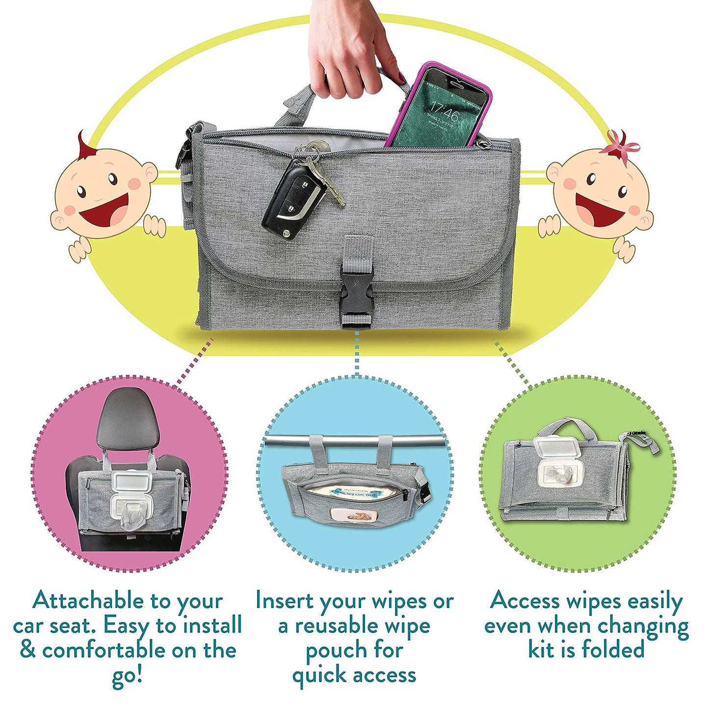 Buggybands Portable Diaper Changing Pad, Portable Changing pad for Newborn Girl & Boy - Baby Changing Pad with Smart Wipes Pocket – Waterproof Travel Changing Kit