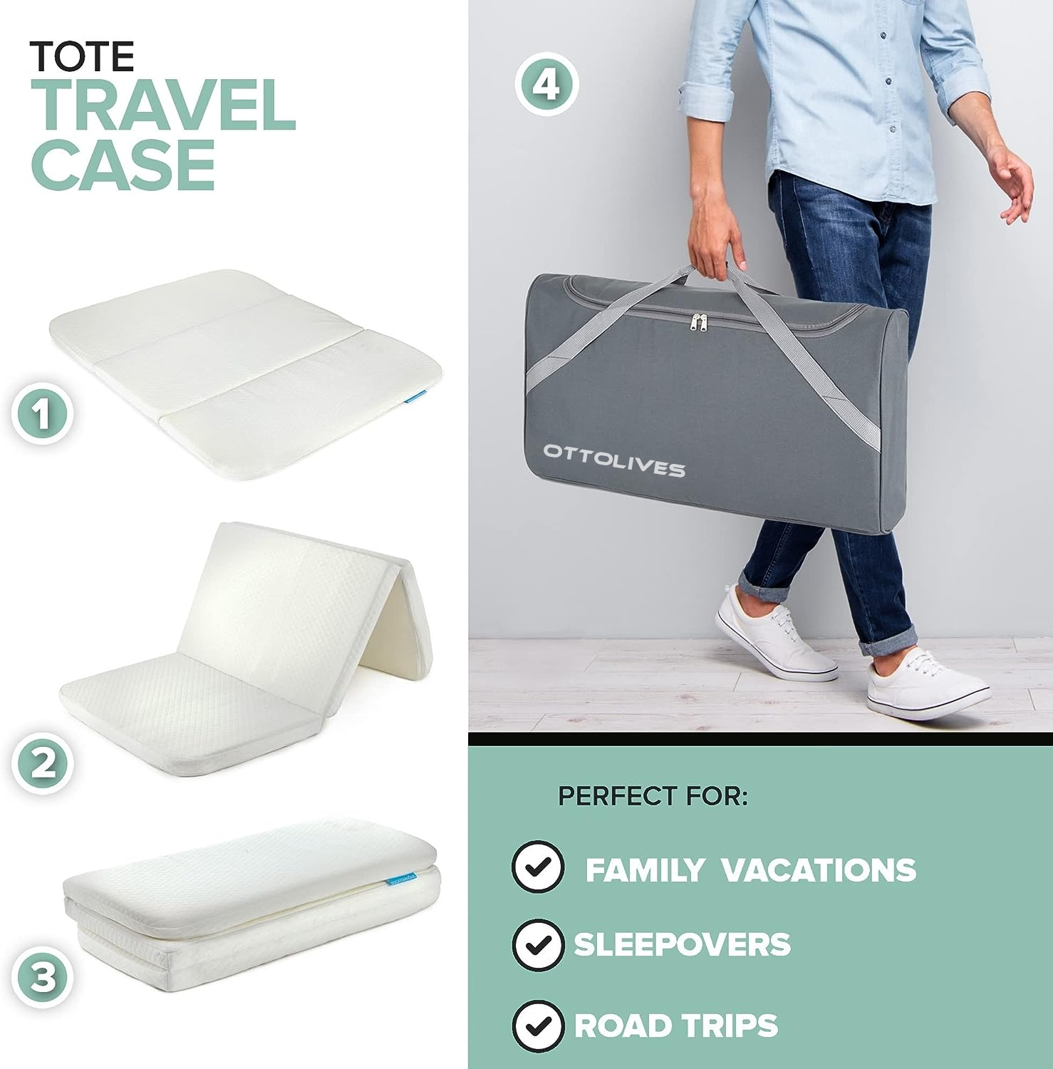 OTTOLIVES Foldable Travel Pack n Play Mattress Pad with Bag, Waterproof Portable Mini Crib Mattresses, Baby Bed Playpen Memory Foam Topper, Playard Pen Accessories, Traveling Case Included