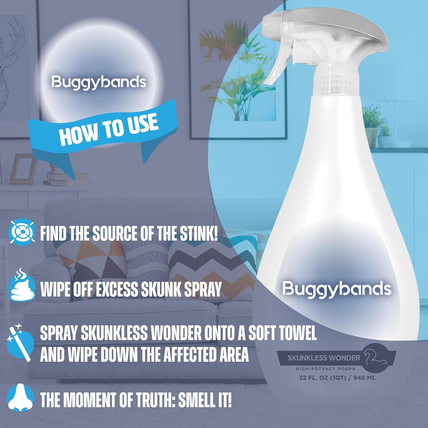 Buggybands Skunk Odor Eliminator, 32oz Spray - Dismantles Skunk Odors on a Molecular Basis from Pets & Anything Else, Proprietary Formula Breaks Down Skunk Oils, Eliminates Odor on Clothing & More