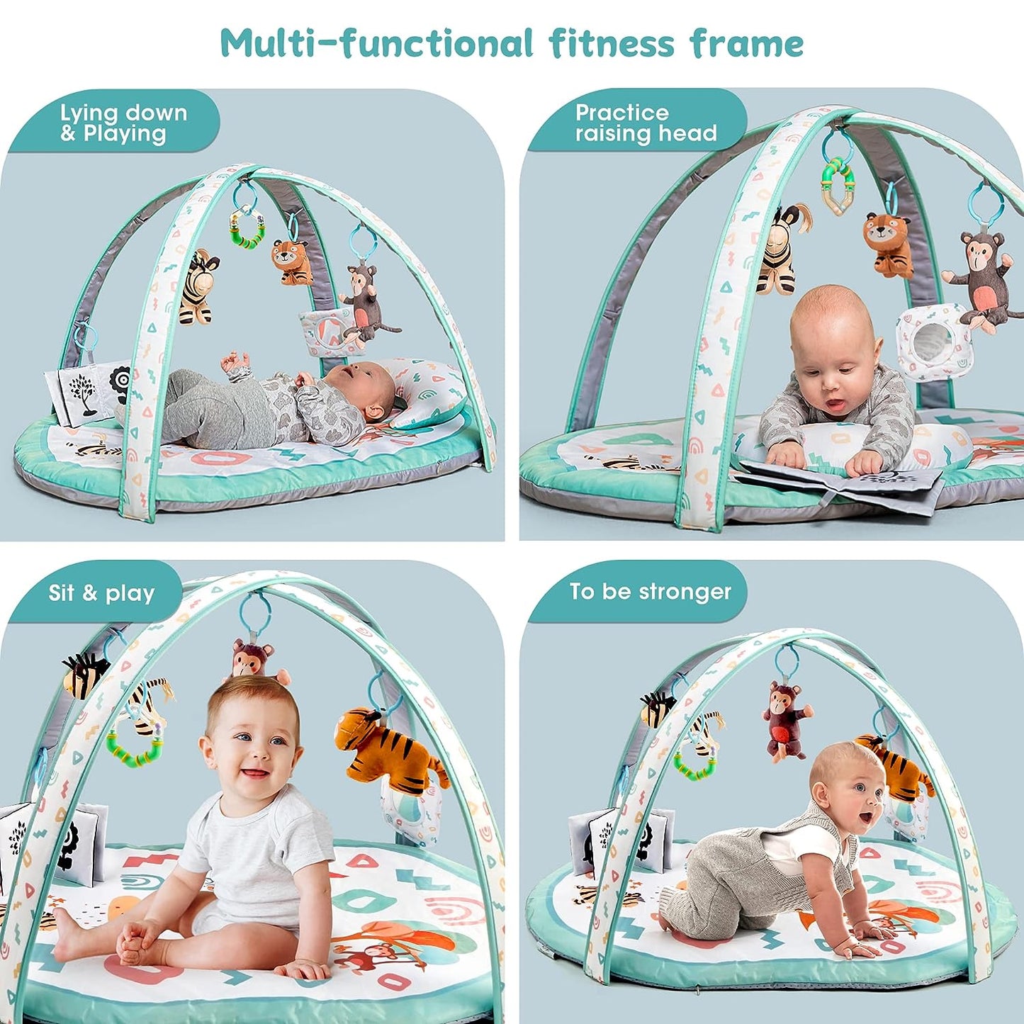 OTTOLIVES Baby Play Gym 7 in 1 Baby Activity Gym Mat 0-12 Months with 2 Washable Covers with 6 Toys Non-Slip Playmat Baby Tummy Time Mat for Early Sensory Exploration and Motor Skill Development (White)