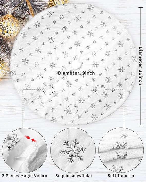 White Plush Silver Sequin Snowflake Christmas Tree Skirt
