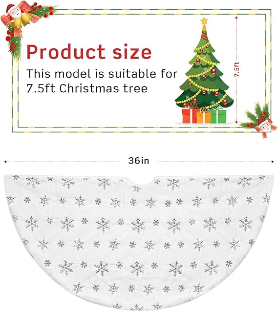 White Plush Silver Sequin Snowflake Christmas Tree Skirt