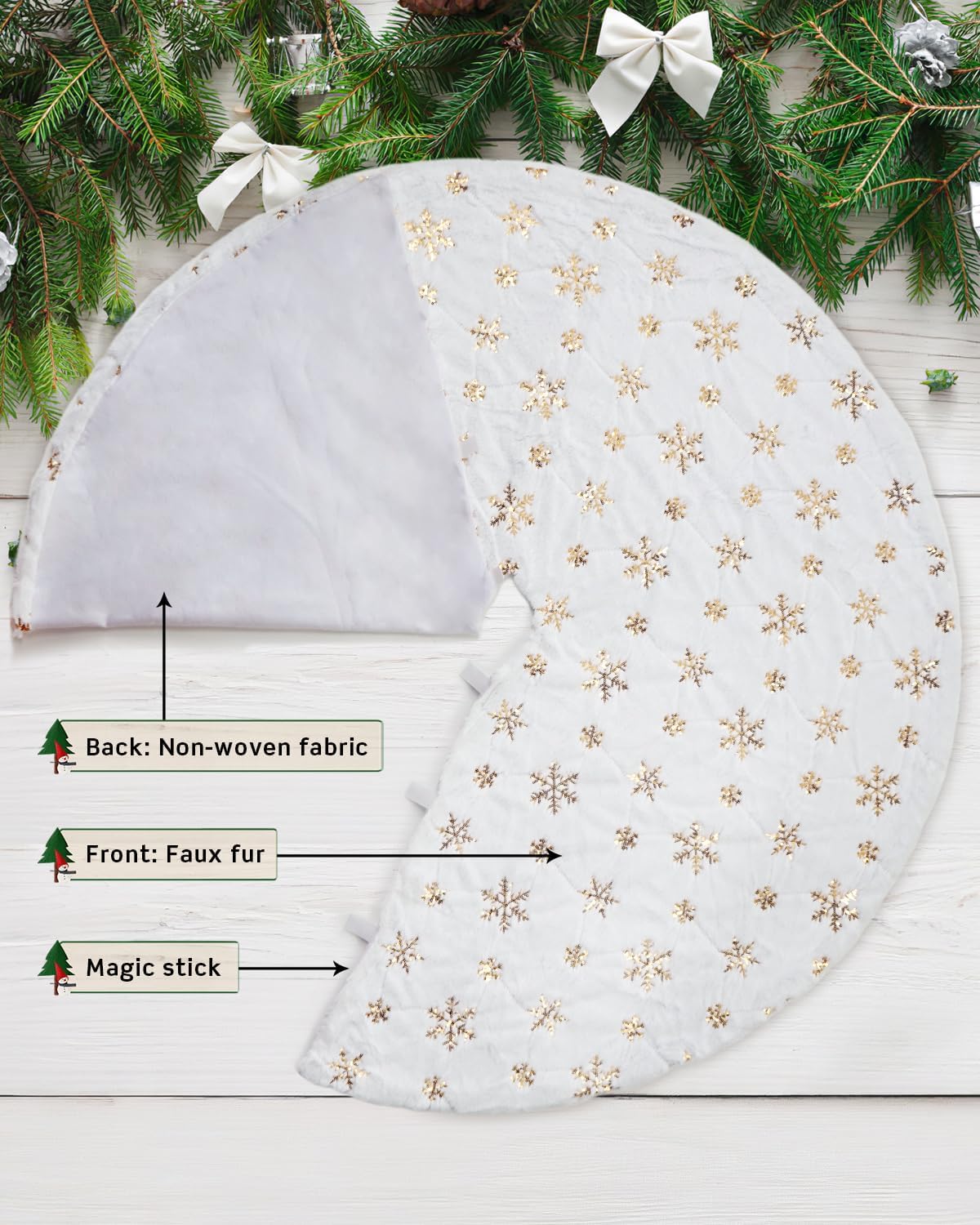 White Plush & Gold Sequin Snowflake Christmas Tree Skirt