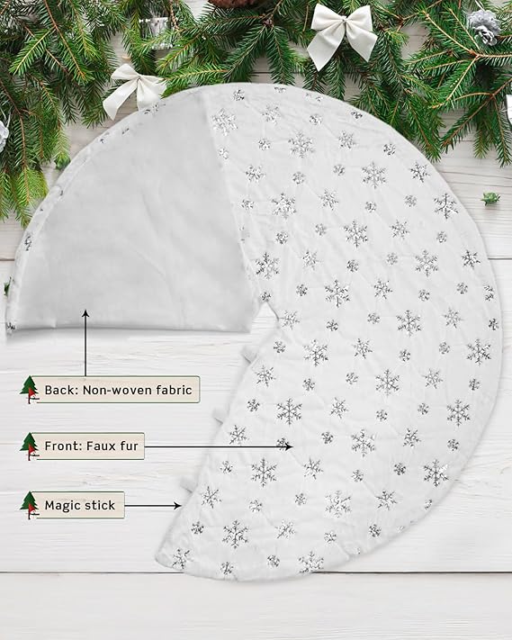White Plush Silver Sequin Snowflake Christmas Tree Skirt