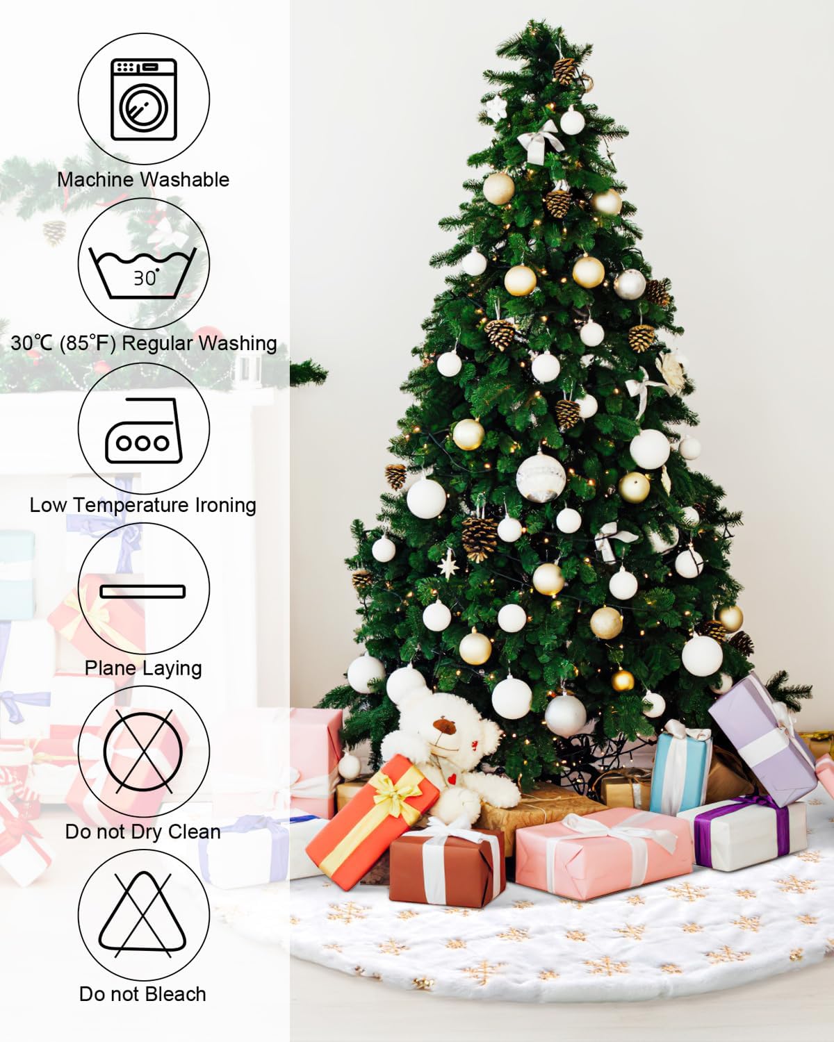 White Plush & Gold Sequin Snowflake Christmas Tree Skirt