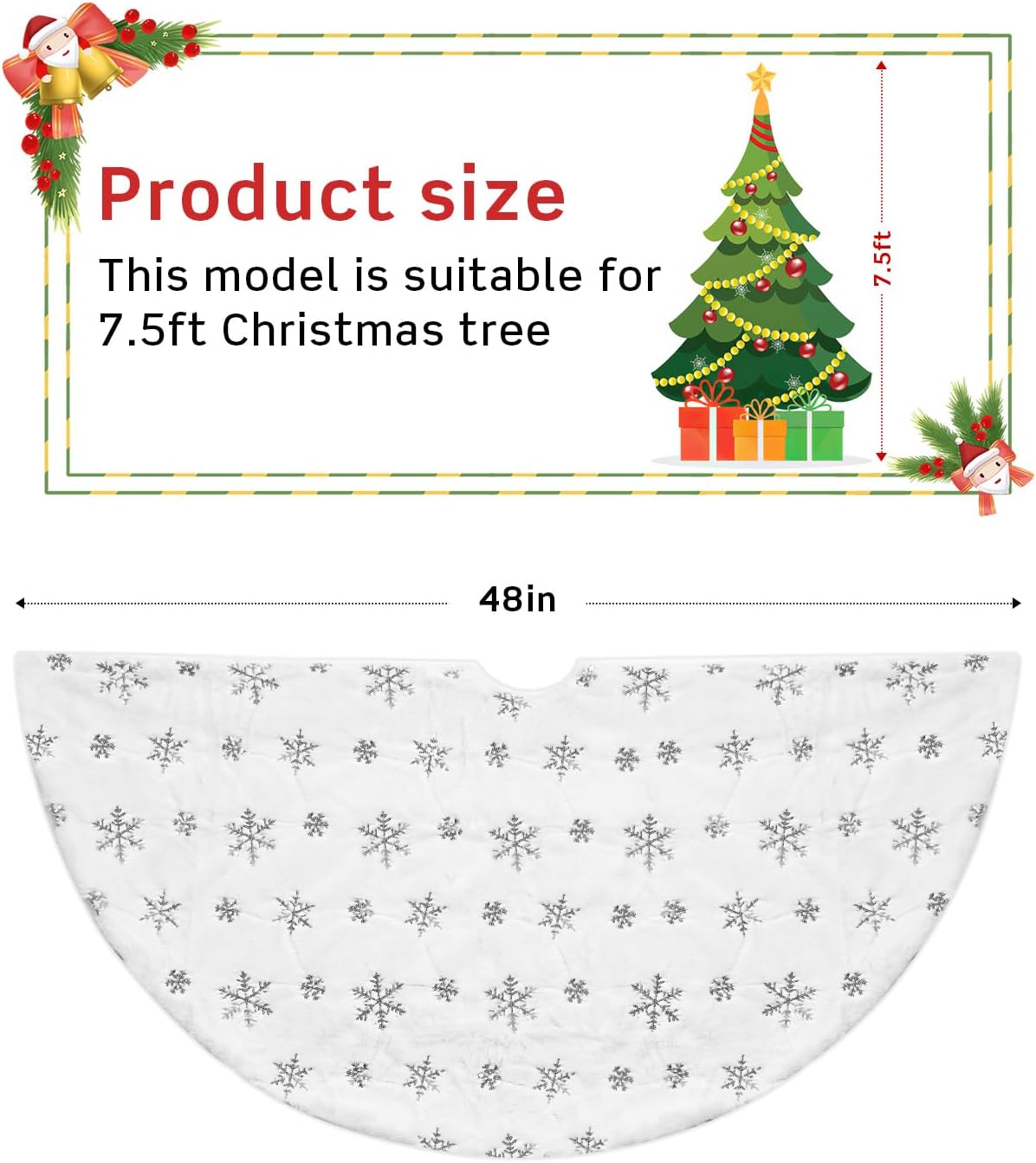 White Plush Silver Sequin Snowflake Christmas Tree Skirt