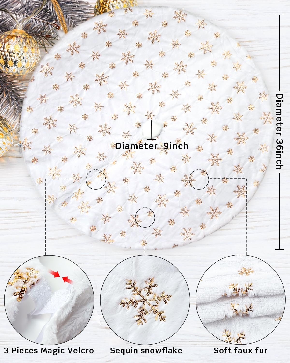 White Plush & Gold Sequin Snowflake Christmas Tree Skirt