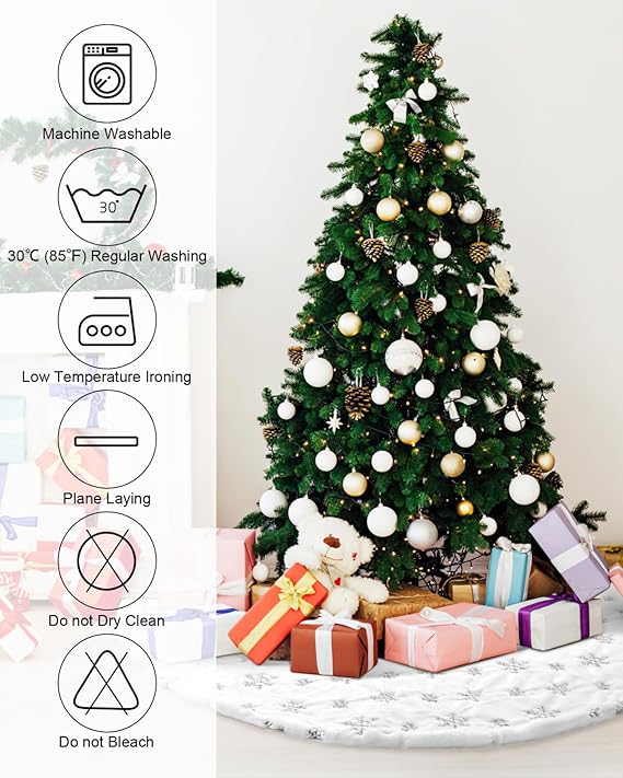 White Plush Silver Sequin Snowflake Christmas Tree Skirt