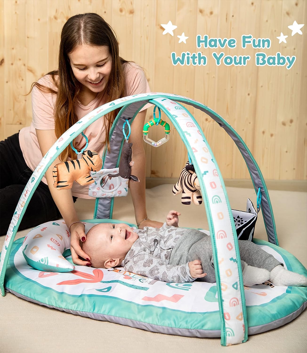 OTTOLIVES Baby Play Gym 7 in 1 Baby Activity Gym Mat 0-12 Months with 2 Washable Covers with 6 Toys Non-Slip Playmat Baby Tummy Time Mat for Early Sensory Exploration and Motor Skill Development (White)