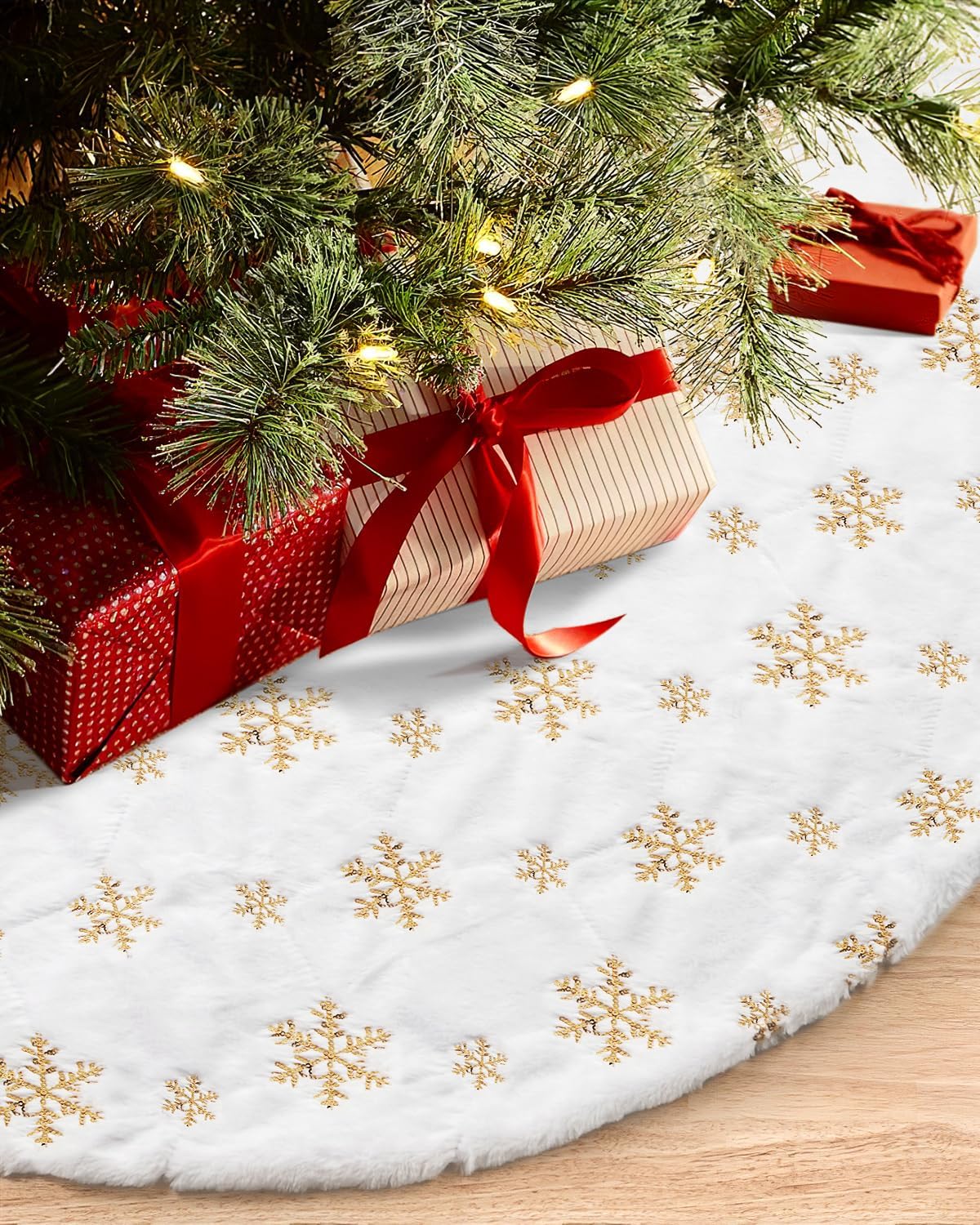 White Plush & Gold Sequin Snowflake Christmas Tree Skirt