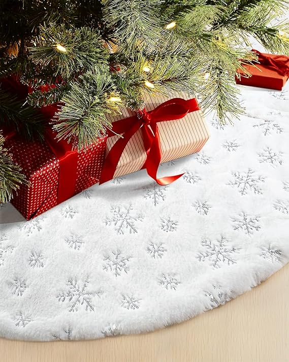 White Plush Silver Sequin Snowflake Christmas Tree Skirt