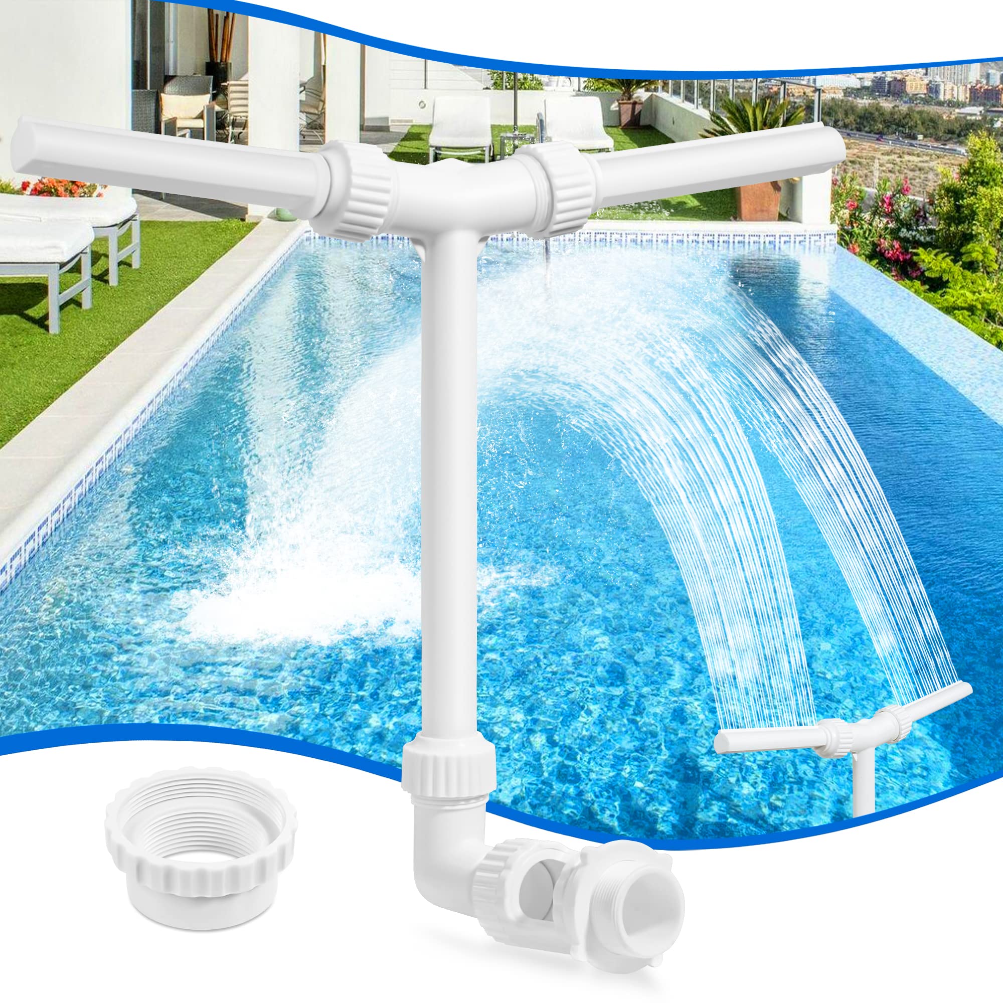 PoolHour Pool Waterfall Fountain Swimming Pool Accessories 2 Adjustable Fountain Heads Water Sprinkler with Adapter Waterfall Sprays Pool Decorative Sprayer Spout for Inground Indoor Outdoor Pools