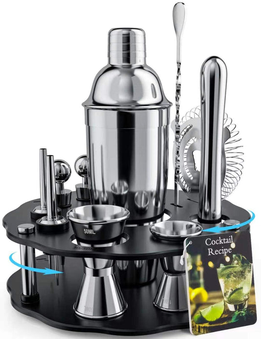Buggybands Bartender Kit, 14 Piece Cocktail Shaker Set Stainless Steel Bar Tools with Rotating Stand, 25 oz Shaker Tins, Jigger, Spoon, Pourers, Muddler, Strainer, Tongs, Bottle Stoppers, Opener, Recipes
