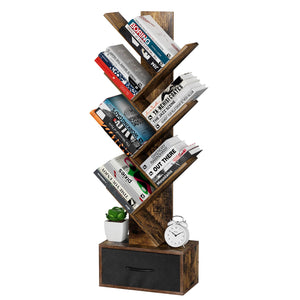 Cossyhome 6-Tier Tree Bookshelf with Drawer Rustic Brown Book Shelf Storage Rack Floor Standing Bookcase for CDs Movies Books Multifunctional Organizer Shelves for Home Office Living Room Bedroom