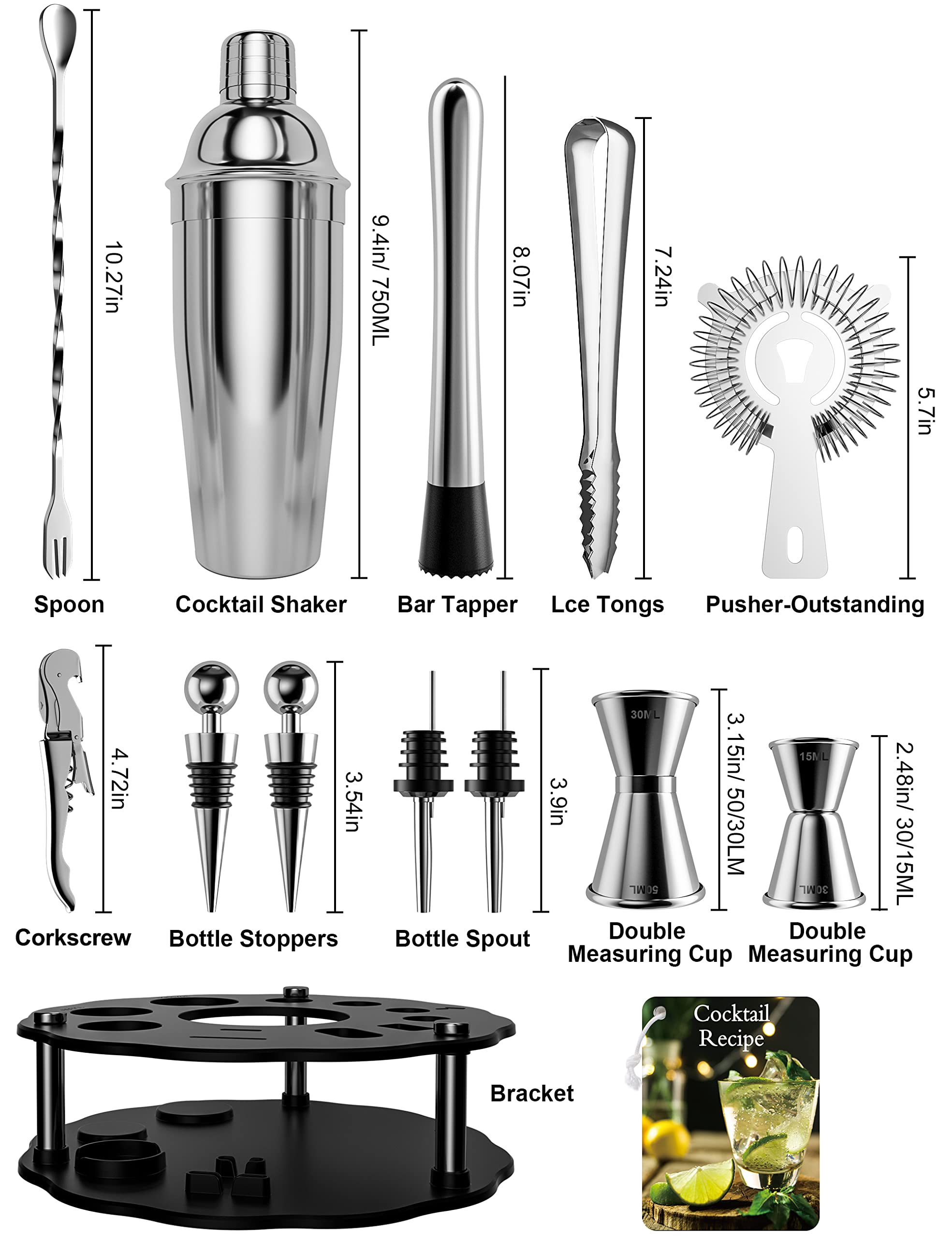 Buggybands Bartender Kit, 14 Piece Cocktail Shaker Set Stainless Steel Bar Tools with Rotating Stand, 25 oz Shaker Tins, Jigger, Spoon, Pourers, Muddler, Strainer, Tongs, Bottle Stoppers, Opener, Recipes