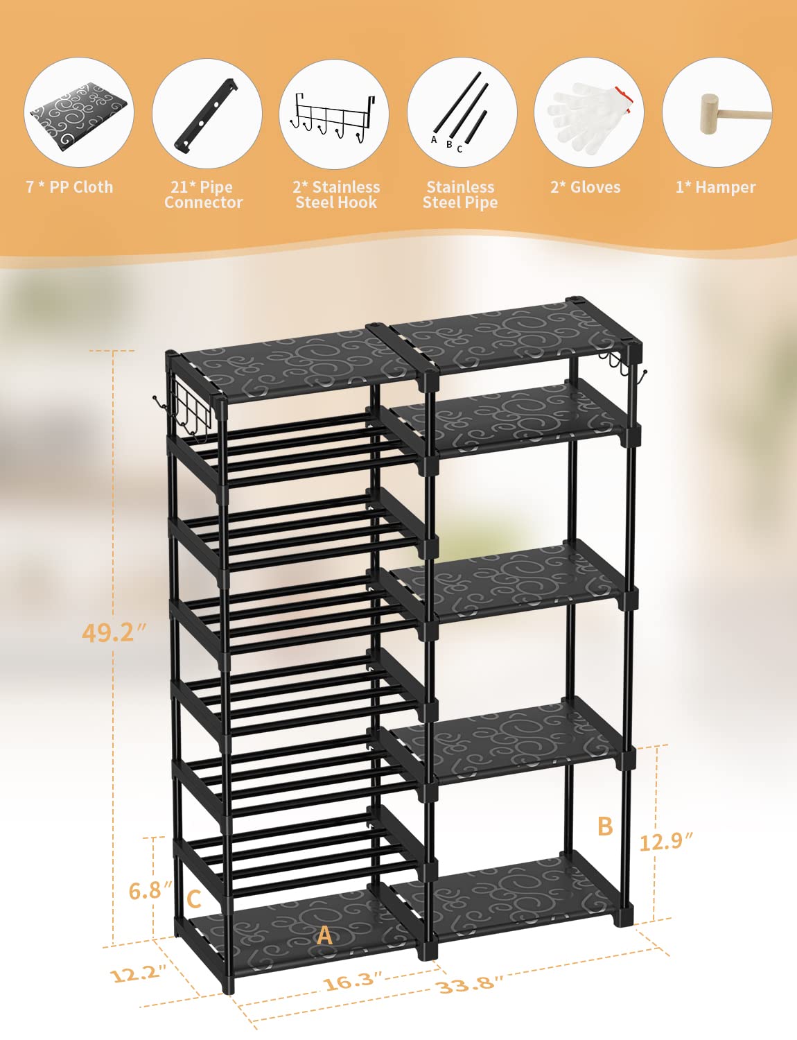 Cossyhome 8-Tier Shoe Rack Storage Organizer, 25-28 Pairs Shoes Shelf Organizer, Removable & Dust Large Stackable Shoe Rack for Boot & Shoe Storage