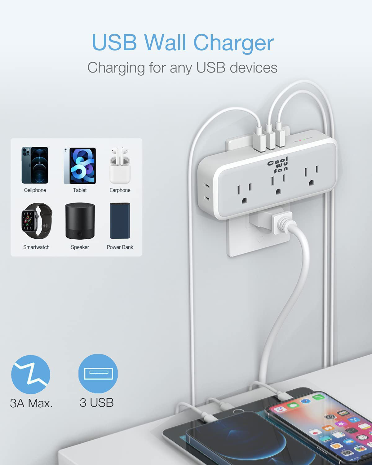 COOLWUFAN Multi Plug Outlet Splitter with USB, 5 Electrical Outlet Extender Surge Protector with 3 USB Wall Charger, Multiple Plug Expander for Home Office Dorm Room Essentials