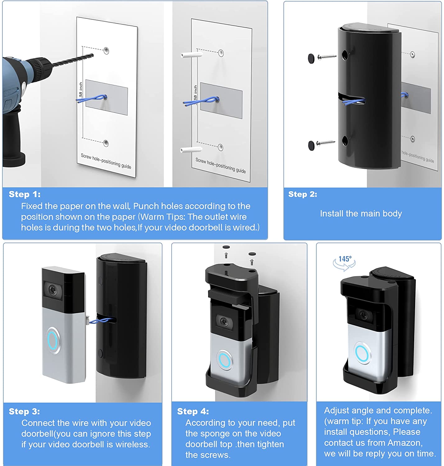 COOLWUFAN Adjustable (35 to 135 Degree) Doorbell Angle Mount, Anti-theft Video Doorbell Mount Compatible with Most Brand Video Doorbell, Easy to Install