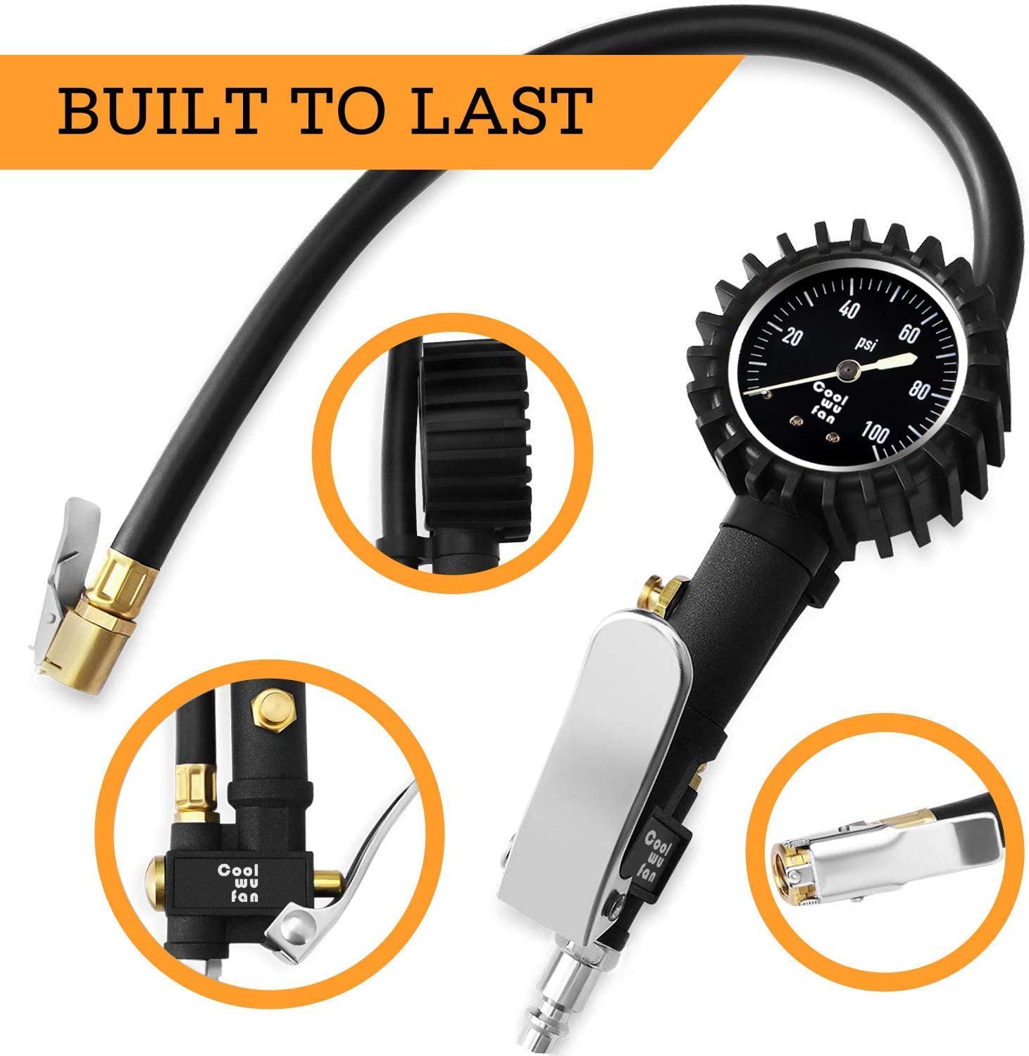COOLWUFAN Glow Dial Tire Inflator with Pressure Gauge 100 PSI, Heavy Duty with Large 2" Easy Read Glow Dial, Air Chuck, Quick Connect Coupler and Rubber Hose Compressor Accessories, Gifts for Men