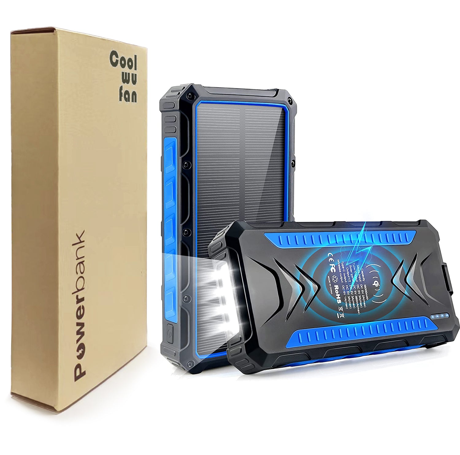 COOLWUFAN 36000mAh Solar Power Bank, Qi Wireless Solar Portable Charger with LED Flashlights, Dual Outputs & Inputs Huge Capacity Battery Pack for Outdoor Activities Camera Cell Phones Consoles MP3 MP4
